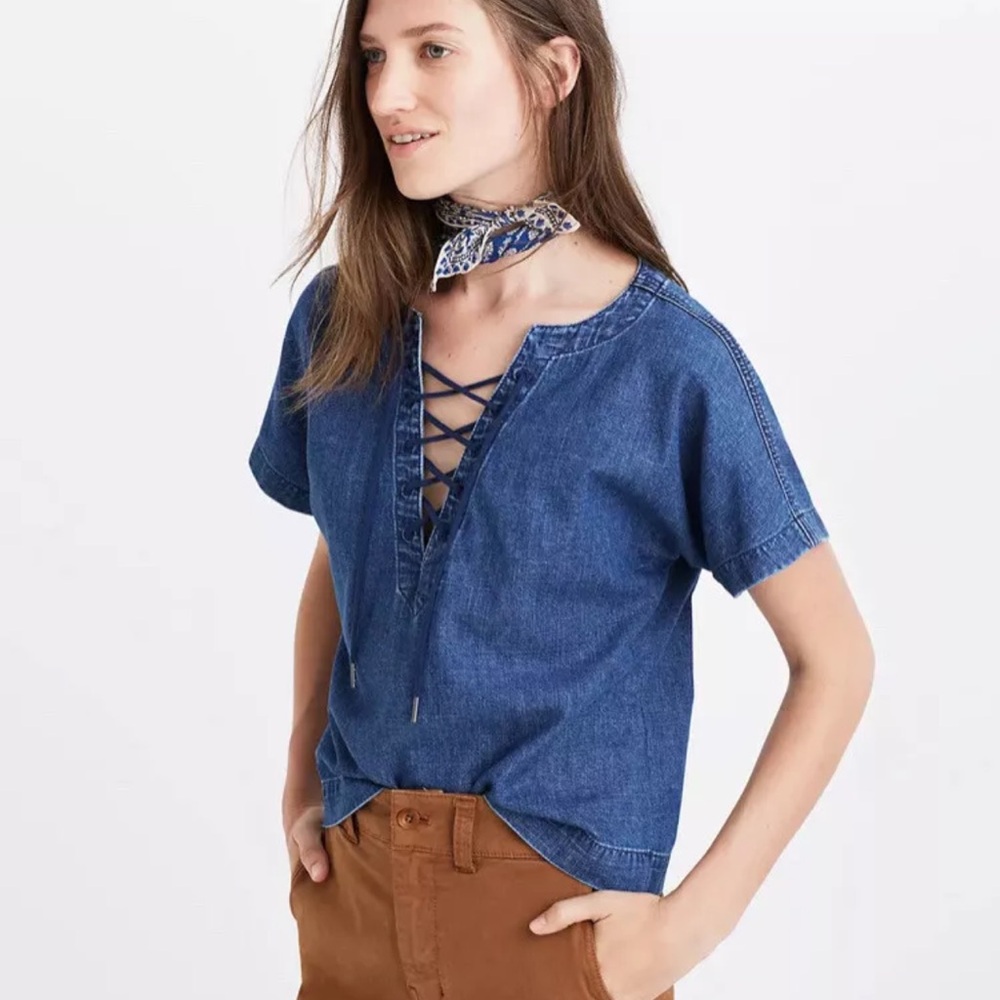 Madewell Blue Denim Lace Up Top XS